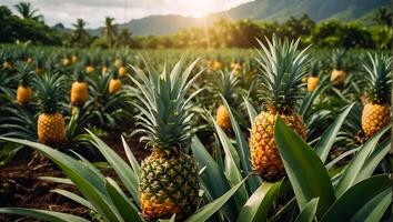 ai generato raccogliere di fresco ananas in crescita nel il giardino foto