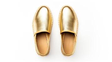 ai generato oro espadrillas scarpe isolato su bianca sfondo con copia spazio per annuncio. generativo ai foto
