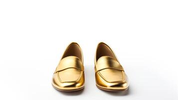 ai generato oro mocassini scarpe isolato su bianca sfondo con copia spazio per annuncio. generativo ai foto