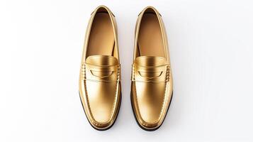 ai generato oro mocassini scarpe isolato su bianca sfondo con copia spazio per annuncio. generativo ai foto