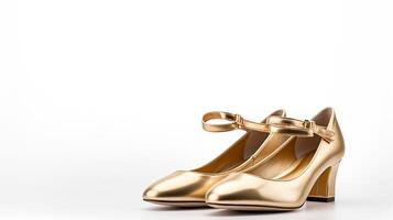 ai generato oro Maria janes scarpe isolato su bianca sfondo con copia spazio per annuncio. generativo ai foto
