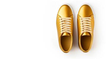 ai generato oro scarpe da ginnastica scarpe isolato su bianca sfondo con copia spazio per annuncio. generativo ai foto