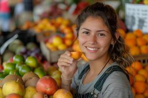 ai generato ispanico donna felicemente mangiare frutta a un' vivace agricoltori mercato, americano strada mercati immagine foto