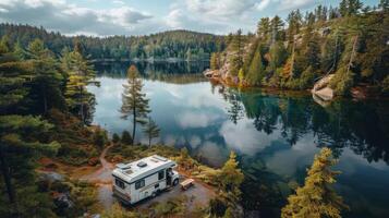 ai generato un elevato Visualizza di un rv campeggio luogo di un' lago, annidato nel un' foresta radura foto