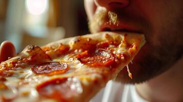ai generato avvicinamento di un' uomo mangiare un' delizioso Pizza, sfondo Immagine, generativo ai foto