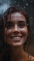 ai generato ritratto di un' sorridente giovane bianca femmina inzuppato nel pesante piovere, generativo ai, sfondo Immagine foto