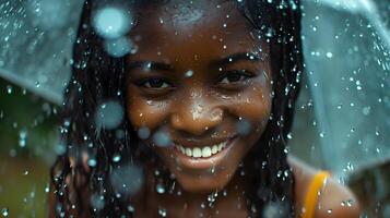ai generato ritratto di un' sorridente giovane nero femmina inzuppato nel pesante piovere, generativo ai, sfondo Immagine foto