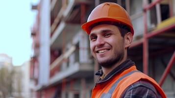 ai generato ritratto di un' sorridente maschio costruzione lavoratore su un' edificio progetto, generativo ai foto