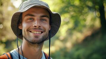 ai generato ritratto di un' giovane sorridente bianca maschio indossare secchio cappello campeggio nel natura, sfondo Immagine, generativo ai foto