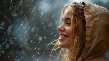 ai generato lato Visualizza ritratto di un' sorridente giovane bionda bianca donna inzuppato nel il scrosciante piovere, generativo ai, sfondo Immagine foto