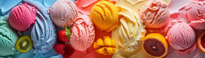 ai generato fruttato gelato beatitudine, varietà di fruttato gelato sapori disposte nel un' visivamente attraente Schermo, generativo ai foto