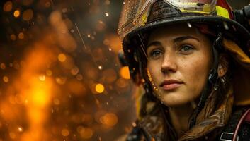 ai generato ritratto di un' giovane donna nel fuoco combattente uniforme e casco. foto