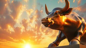 ai generato maestoso Toro statua illuminato di tramonto simboleggiante finanziario crescita foto