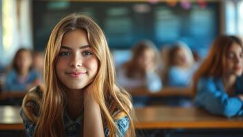 ai generato ritratto di sorridente alunno ragazza seduta nel aula con compagne di classe nel sfondo foto