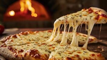 ai generato formaggio Mozzarella Pizza fetta tirato su di legno tavolo con forno fuoco nel sfondo foto