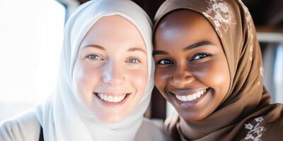 ai generato ritratto di contento musulmano donne nel hijab guardare a telecamera a casa foto