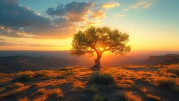 ai generato solitario albero illuminato di tramonto nel un' vasto prato foto