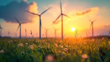 ai generato vento turbine nel campo durante tramonto in mostra rinnovabile energia foto