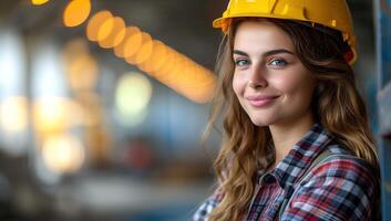 ai generato donna indossare costruzione casco in casa foto