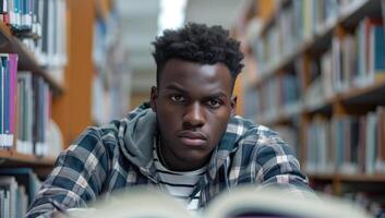 ai generato grave africano americano maschio alunno guardare a telecamera nel biblioteca foto