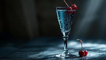 ai generato blu cocktail con ciliegie nel elegante bicchiere su buio lunatico sfondo foto