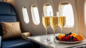 ai generato bicchiere di Champagne, frutta su il tavolo su il aereo foto