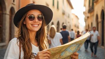 ai generato bellissimo ragazza turista con un' carta geografica nel sua mani nel il città foto