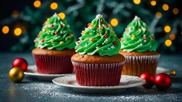 ai generato delizioso cupcakes con crema su il tavolo foto