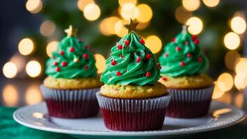 ai generato delizioso cupcakes con crema su il tavolo foto