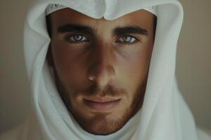 ai generato un' uomo nel tradizionale Arabo abbigliamento, islamico tradizionale capi di abbigliamento Immagine foto