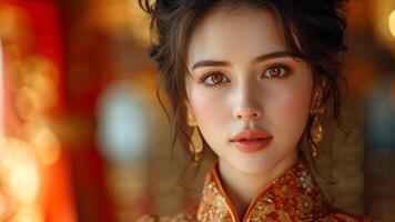 ai generato elegante fusione asiatico donna nel opulento tradizionale abbigliamento foto