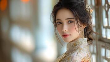 ai generato elegante fusione asiatico donna nel opulento tradizionale abbigliamento foto