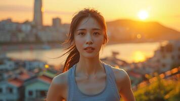 ai generato urbano Alba jogging bellissimo asiatico donna nel paesaggio urbano foto