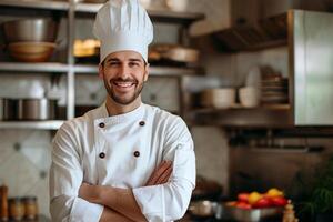 ai generato ritratto di un' sorridente maschio capocuoco in piedi con braccia attraversato nel il cucina foto