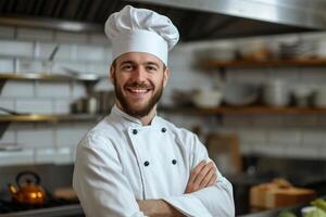 ai generato ritratto di un' sorridente maschio capocuoco in piedi con braccia attraversato nel il cucina foto