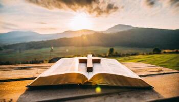 ai generato Aperto Bibbia libro su un' di legno tavolo a tramonto con attraversare nel davanti di esso. forte cristiano fede foto
