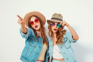 ai generato Due donne nel denim giacche e occhiali da sole puntamento a qualcosa foto