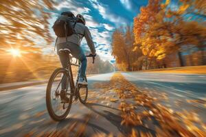 ai generato ciclista eccesso di velocità attraverso un autunno parco a Alba foto