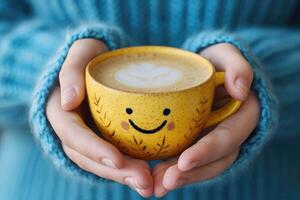 ai generato un' donna Tenere un' smiley viso caffè boccale foto