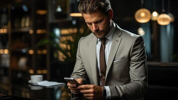 ai generato professionale uomo d'affari utilizzando smartphone nel moderno urbano ambientazione, elegantemente vestito nel elegante completo da uomo foto