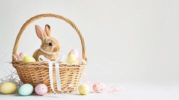 ai generato un Pasqua cestino con un' coniglietto seduta nel esso ruba il riflettore, meticolosamente disposte contro un' chiaro, radiante bianca sfondo e copia spazio per testo foto