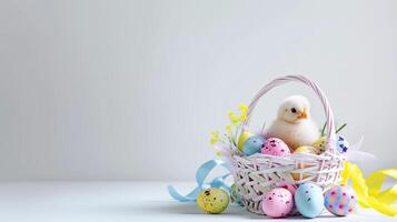 ai generato un Pasqua cestino con un' giallo pollo ruba il riflettore, meticolosamente disposte contro un' chiaro, radiante bianca sfondo e copia spazio per testo foto