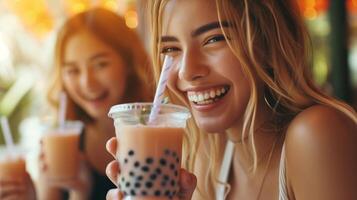 ai generato foto di contento sorridente ragazza amici godendo rinfrescante boba bolla tè bevande.