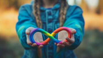 ai generato ragazza è Tenere arcobaleno infinito simbolo. neurodiversità consapevolezza concetto. foto