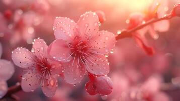 ai generato sakura ciliegia fiorire vicino su. bellissimo floreale primavera sfondo nel rosa colore tavolozza. foto