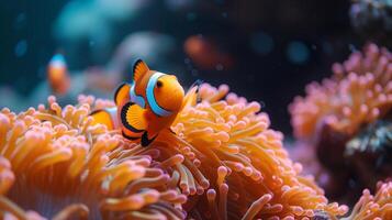 ai generato subacqueo scena, multiplo pesce pagliaccio nuoto nel anemone corallo scogliera, simbiosi concetto, pesce conosciuto anche come nemo foto