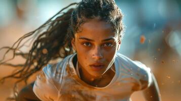 ai generato ritratto di africano sportiva sprint su un' in esecuzione traccia all'aperto su stadio. forte atleta ragazza corridore praticante allenarsi velocità in esecuzione maratona su il gara per Olimpiadi concorrenza foto