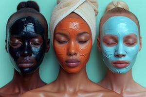 ai generato ritratti di donne nel facciale maschere con diverso tipi di pelle, Perfetto salutare facciale trattamento. multietnico bellezza, pubblicità benessere. diverso etnia caucasico, africano, asiatico foto
