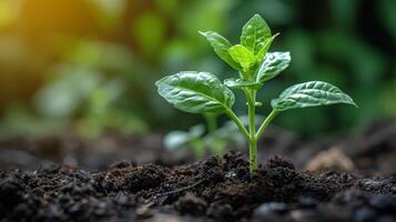 ai generato vicino su verde piantina in crescita su fertile suolo con sfocato natura sfondo. generativo ai foto