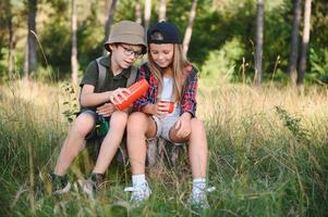 ragazza e ragazzo esploratore seduta e potabile caldo tè a partire dal thermos nel il boschi foto